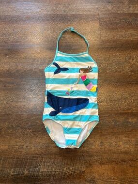 Mini Boden Turquoise and White Striped Mermaid & Whale One-Piece Swimsuit